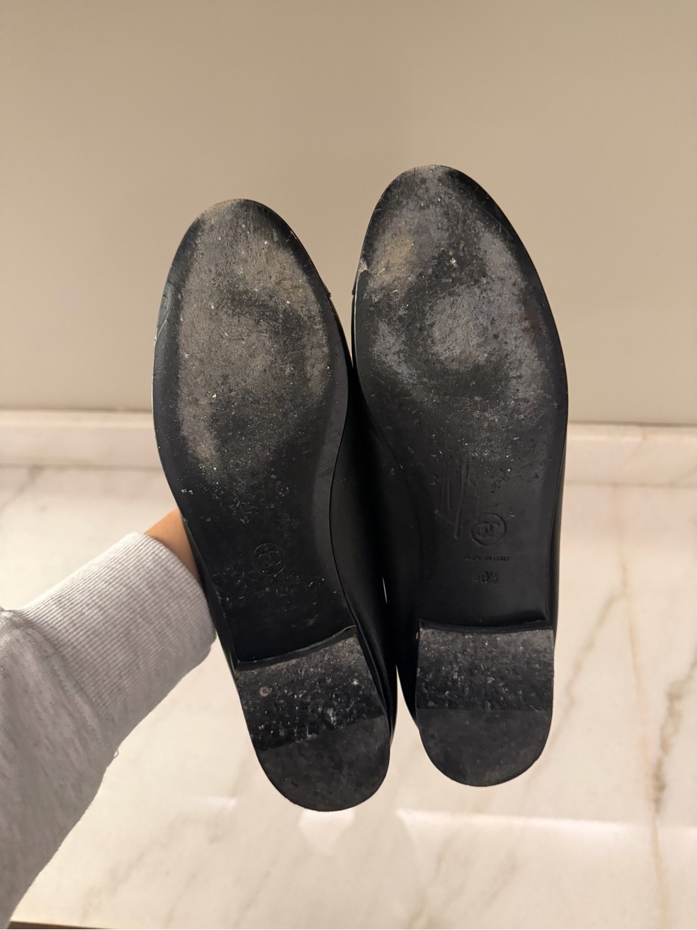 CHANEL Black Leather Ballet Flats with Patent Cap Toe and Bow - Picture 11 of 11